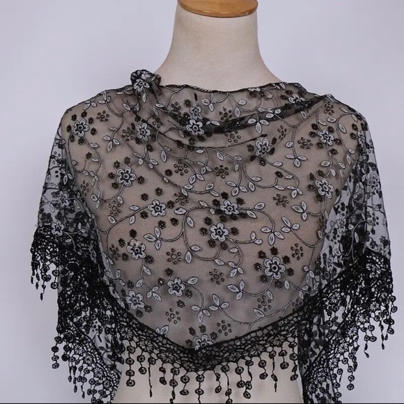 High Quality Lace Floral Triangle Shawl Embroidered Embroidery Black Grey Scarf - Picture 1 of 14